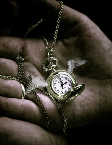 hand holding a winged pocket watch