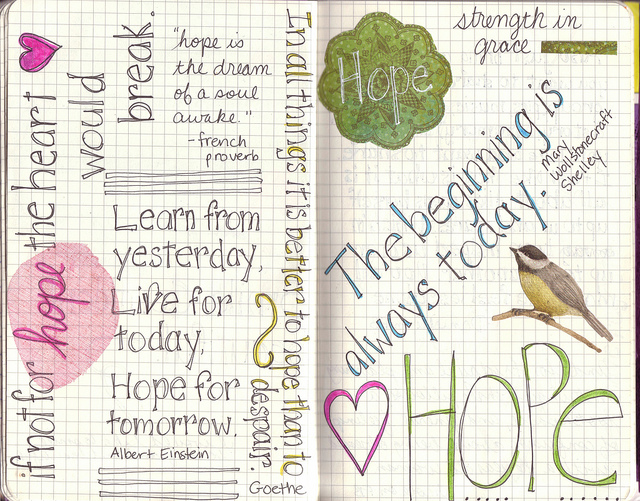 hand-lettered art journal page with quotes about hope