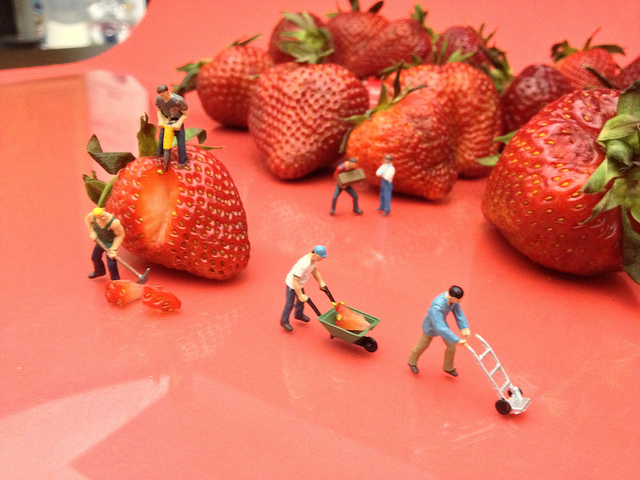 tiny men labor to disassemble a strawberry
